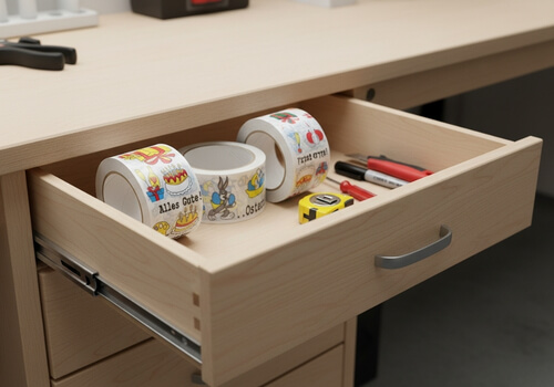 bedrucktes Paketklebeband in Schublade